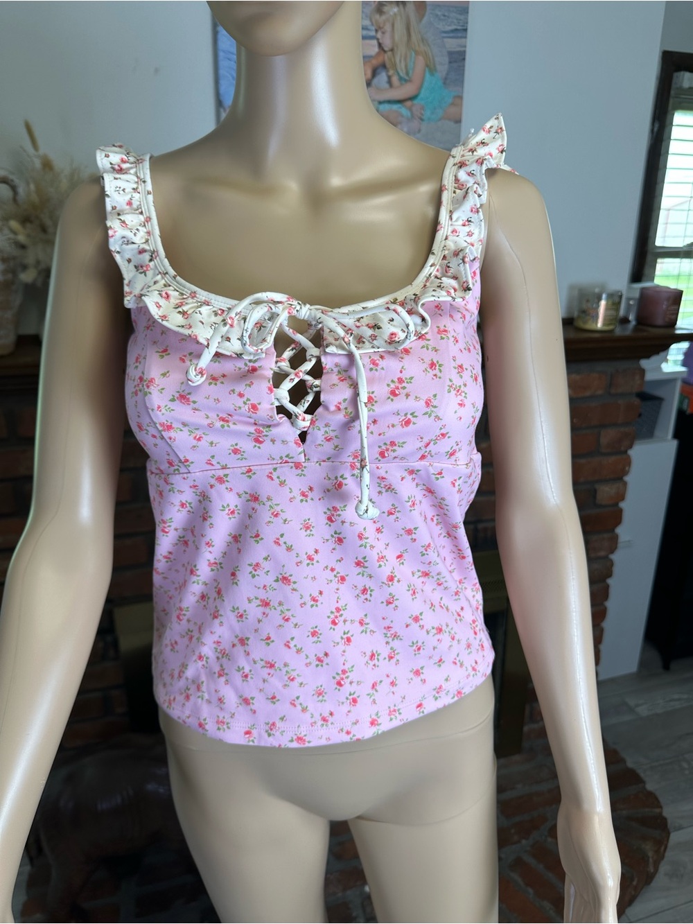 Blogilates Floral Lace-Up Ruffle Tank Top - Pink